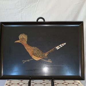 Vintage Couroc of Monterey Black Tray W/Roadrunner Peacock inlaid Design.Signed